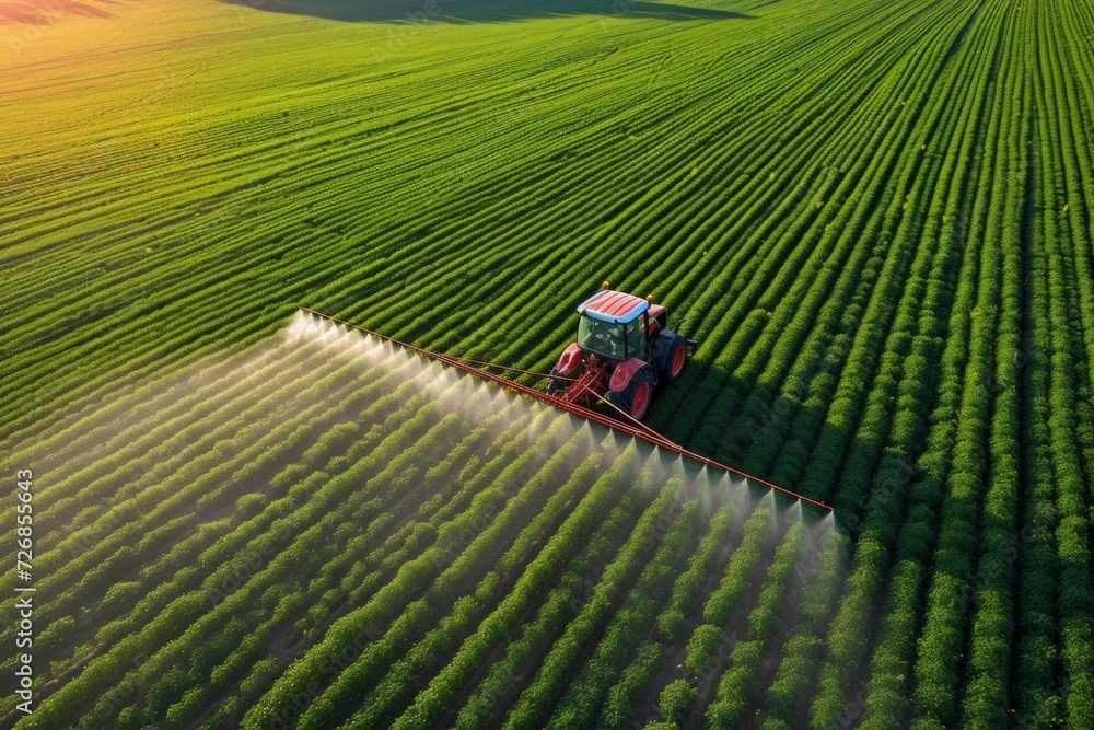 Poster a tractor irrigates the soil with fertilizer. background with selective focus and copy space
