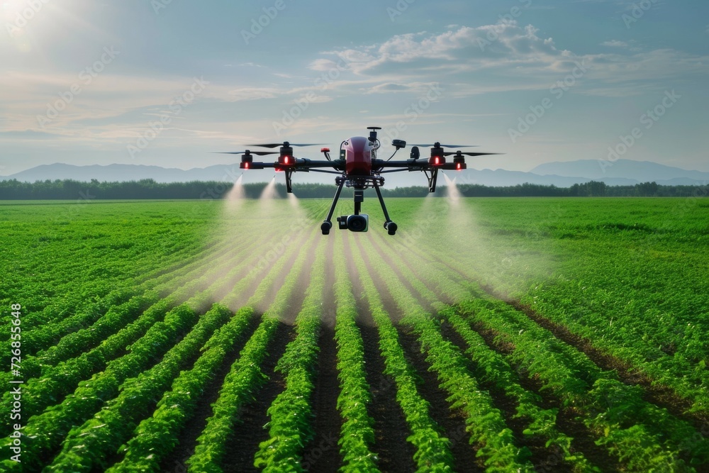 Aufkleber a modern drone irrigates a field on a farm with fertilizer. background with selective focus and copy