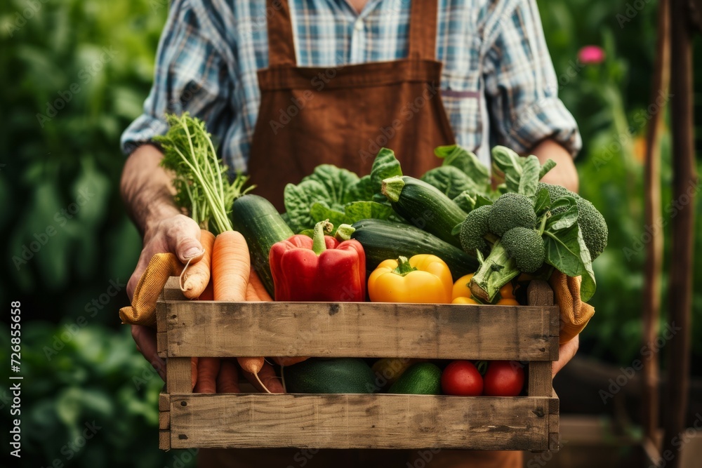 Aufkleber a box with a harvest in the hands of a farmer. background with selective focus and copy space