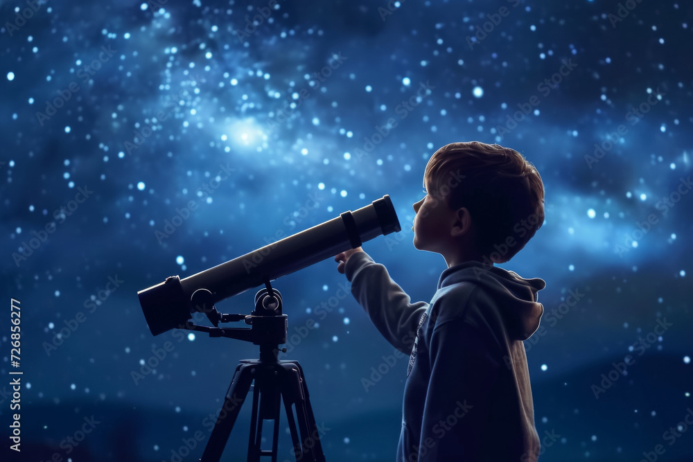 Poster boy in the dark of the night with a telescope. noise as an artistic technique. background with selec