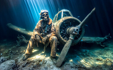 The skeletal remains of a World War 2 pilot dressed in his uniform sits near hist crashed fighter aircraft at the bottom of the sea 