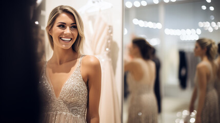 Smiling Young Woman Fitting a Glittery Evening Gown in Fashion Boutique. Elegant Dress Shopping Concept