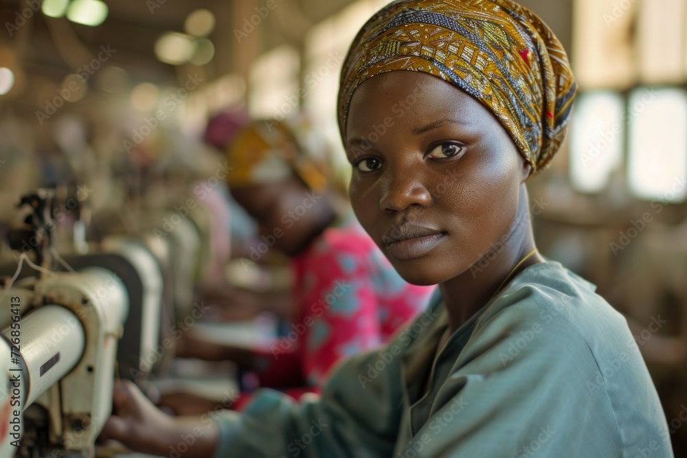 Poster workers at a textile factory. background with selective focus and copy space