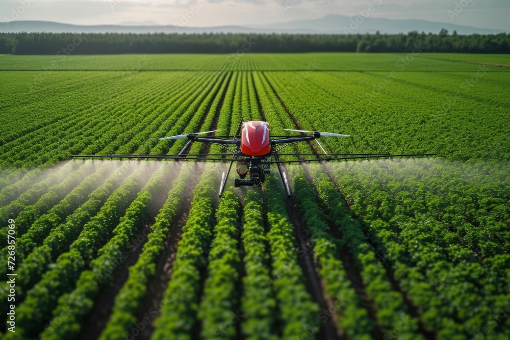 Poster a modern drone irrigates a field on a farm with fertilizer. backdrop with selective focus and copy s