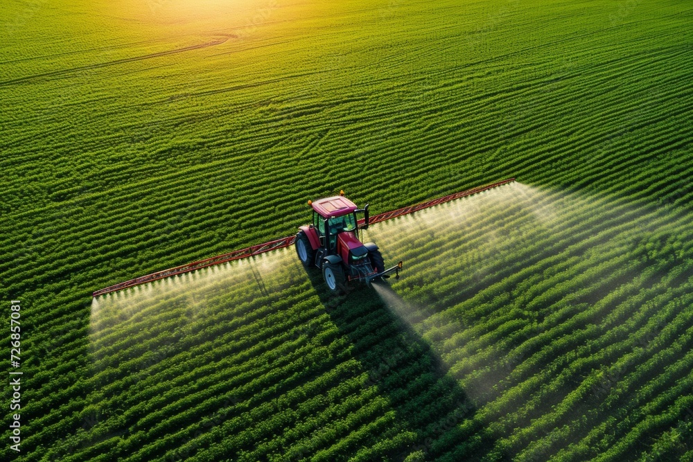 Poster a tractor irrigates the soil with fertilizer. backdrop with selective focus and copy space