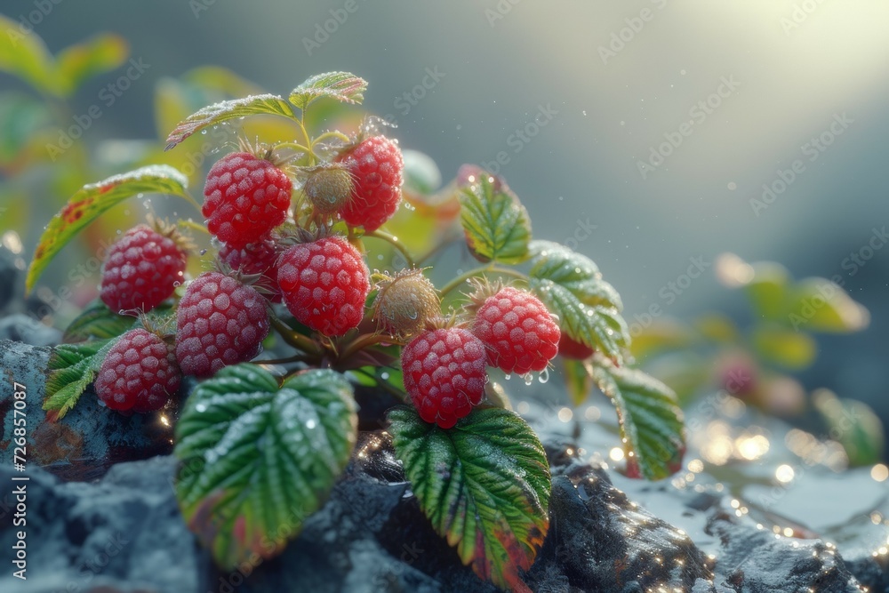Poster raspberry harvest. backdrop with selective focus and copy space