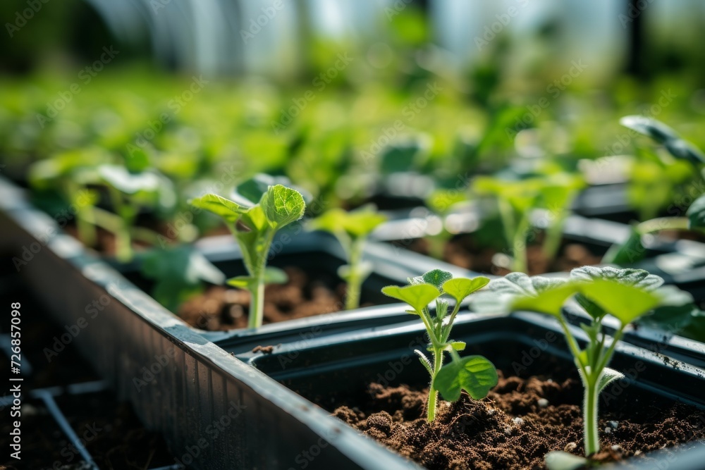 Poster seedlings in a greenhouse. backdrop with selective focus and copy space