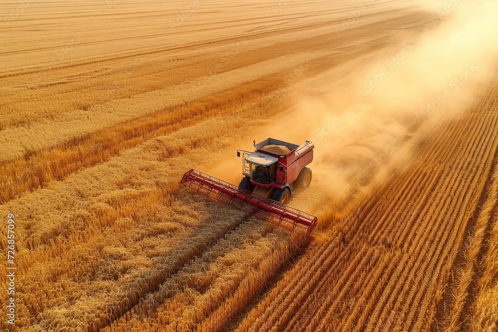 Poster the combine harvests the crop on the field. backdrop with selective focus and copy space