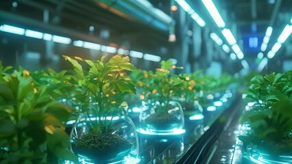 A hologram of a futuristic marketplace featuring a variety of sustainable and locallygrown products from hologramisted farms promoting a more symbiotic relationship between