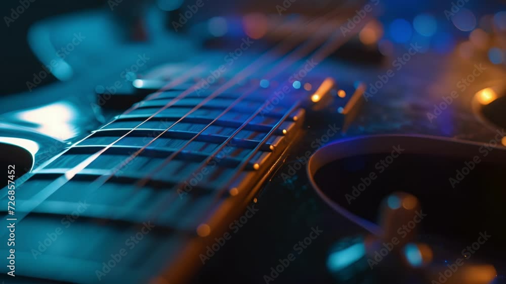 Poster the camera pans over a b guitars strings showcasing the various vibrating patterns created by the mu