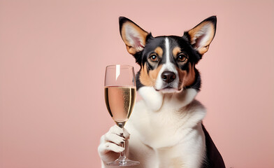 Dog holding a glass of champagne, minimalist style, pastel-hued backdrop, champagne bubbles glistening. Generative AI