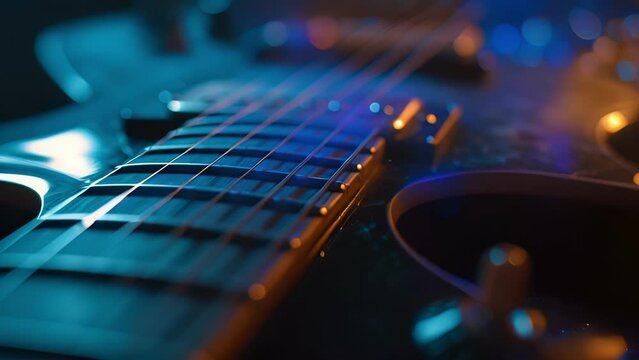 The camera pans over a b guitars strings showcasing the various vibrating patterns created by the musicians fingers as they move across the fretboard.