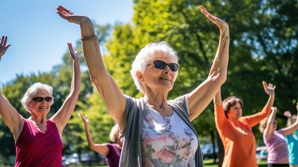 Athletic older women exercise in the garden during a group workout - Mature women do yoga, stretching, fitness in the park on a summer day, Healthy lifestyle - obrazy, fototapety, plakaty