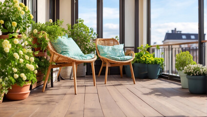 Fototapeta na wymiar Beautiful balcony or terrace with wooden and plants