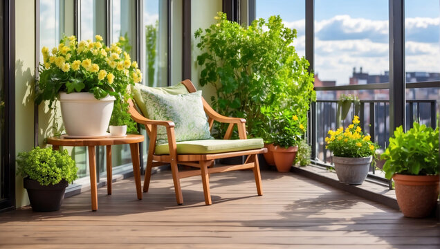 Beautiful balcony or terrace with wooden and plants