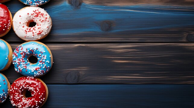 Red white blue donuts colourful top view on wooden table background. 4th of July USA Independence Day. presentation. advertisement invite. copy text space.