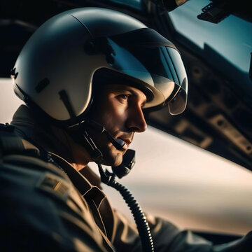 Retrato de perfil de un aviador de combate en la cabina de su avión 