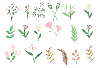 Fototapeta na wymiar set of handrawn botanical leaf. Hand drawn line wedding herb, elegant wildflowers. Minimal line art drawing for print, 
