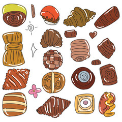 set of cromboloni pastry. Food sketch, line art isolated on white. Clipart for poster, menu, card, web