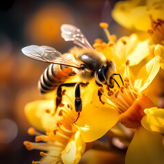A close-up of a bee pollinating a flower.  - obrazy, fototapety, plakaty