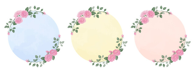 ばらの水彩風フレームのセット、円形　ベクター