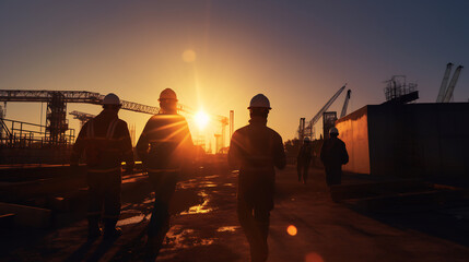 Silhouetted Construction Workers at Sunset Overlooking Building Site. Industrial Development Concept