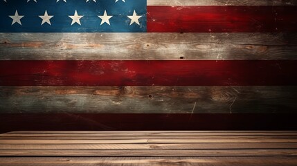 Blank wooden table for Products display on flag american background. 4th of July USA Independence Day. Mockup presentation. advertisement. copy text space.
