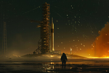 The launch of a spaceship on its mission to the Moon, encapsulating the ambition of the Artemis...