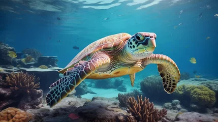 Fensteraufkleber Realistic photo of a turtle in the sea with a beautiful coral reef background. generative ai © KBL Sungkid