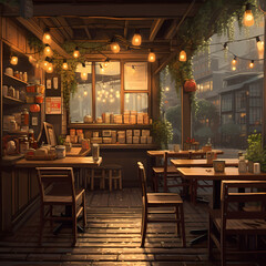 Fototapeta na wymiar A cozy coffee shop on a rainy day.
