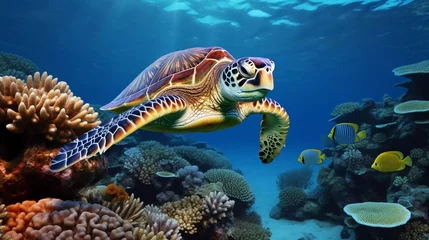  Realistic photo of a turtle in the sea with a beautiful coral reef background. generative ai © KBL Sungkid