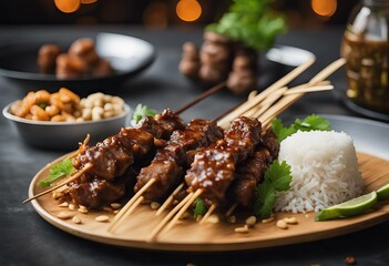 skewer Central soy peanut Usually served mutton Kambing skewered bamboo typical cake ced Served alAdha sauce Sate Goat rice sauce satay Indonesia Eid Java - obrazy, fototapety, plakaty