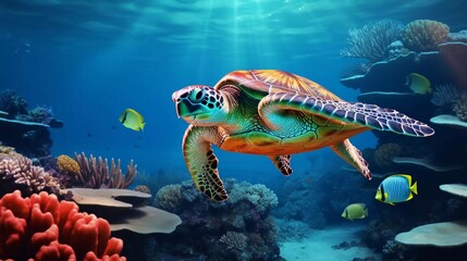 Fototapeta na wymiar Realistic photo of a turtle in the sea with a beautiful coral reef background. generative ai