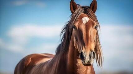 Realistic photo of beautiful bay horse. Horse life on the ranch. generative ai