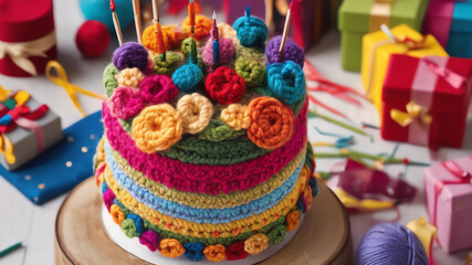 Fototapeta na wymiar Image of a very colorful birthday cake, made of crochet and colored wool, with sewing needles as decorations like birthday candles, surrounded by gifts and presents.