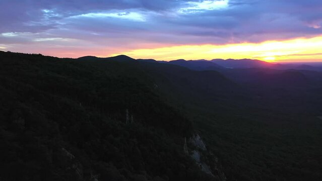 Vivid Sunrise over Mountains near Pretty Place Chapel, Cinematic Drone, Fred W. Symmes Chapel, Cleveland, SC