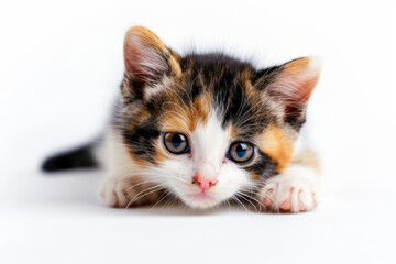 Adorable Calico Kitten Gazing Curiously on a White Background