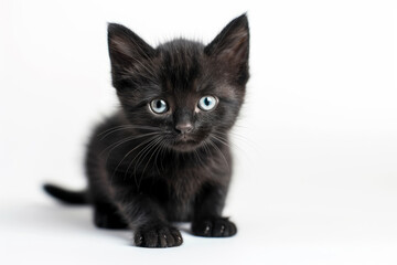 Obraz premium Adorable Black Kitten Gazing Curiously on a White Background