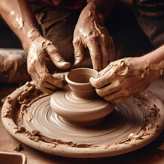 A pair of hands creating pottery on a wheel.