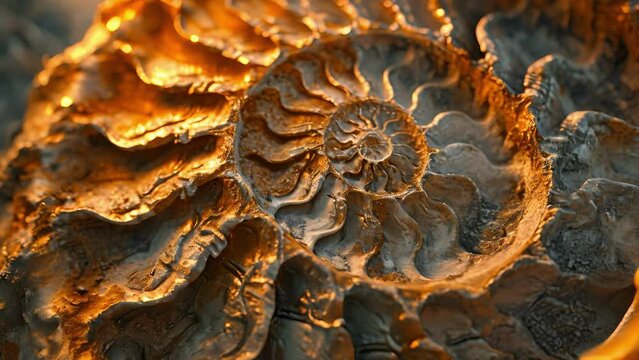 A closeup photo shows the intricate patterns and textures of a fossilized ammonite shell delicately uncovered through a process of acid preparation.