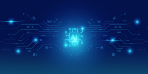 Artificial intelligence Ai self learning improving development problem solving solution tasks of future technology, ai graphics computer chip brain memory power, futuristic blue abstract background.