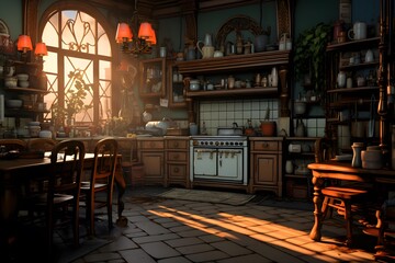 Interior of a cafe in the rays of the setting sun. - Powered by Adobe