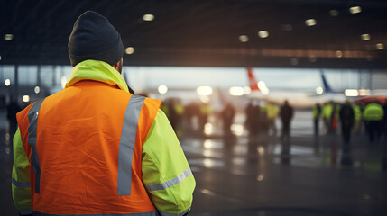Airport Ramp Agent in Reflective Safety Vest Walking on Apron Among Parked Airplanes. Aviation Ground Operations Concept - obrazy, fototapety, plakaty
