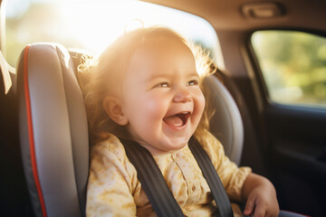 Joyful Toddler Laughing in a Car Seat during Sunny Day Drive. Child Safety and Happiness Concept