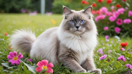 Naklejka na ściany i meble Blue point ragdoll cat in flower field