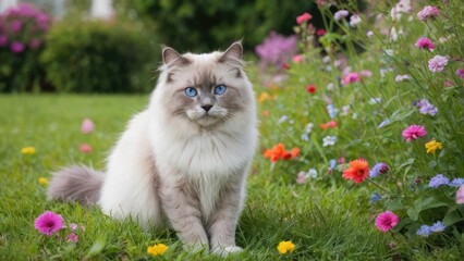 Naklejka na ściany i meble Blue point ragdoll cat in flower field