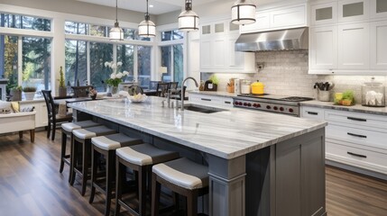 White kitchen design features large bar style kitchen island with granite countertop illuminated by modern pendant lights. Northwest, USA
