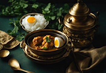 placed green curry textured background eggs dark chicken two boiled vessel brass
