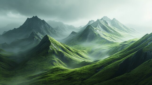 Majestic Painting of a Green Grass Covered Mountain Range