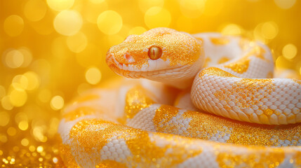 Albino snake with blurred gold background, glitter and blurred background, white snake represent year of snake, happy Chinese new year, - Powered by Adobe